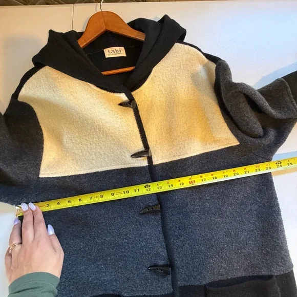 Vintage Wool Hooded Midi Jacket Coat Black Gray Cream Size Medium Winter 1990s - Picture 9 of 11